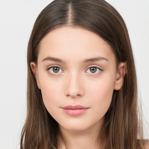 Neutral white young-adult female with long  brown hair and brown eyes