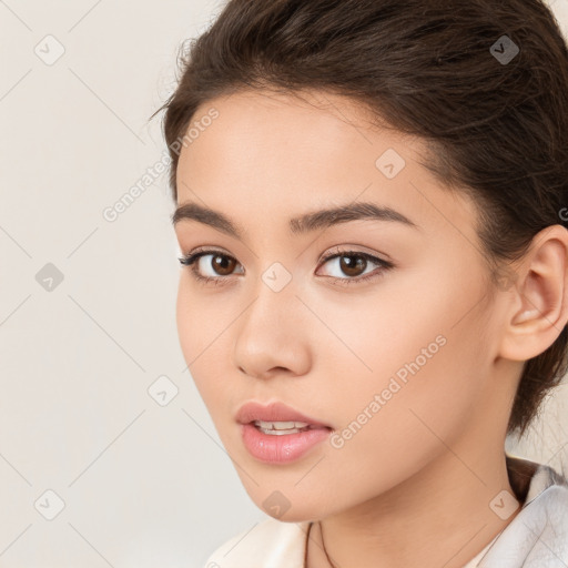 Neutral white young-adult female with medium  brown hair and brown eyes