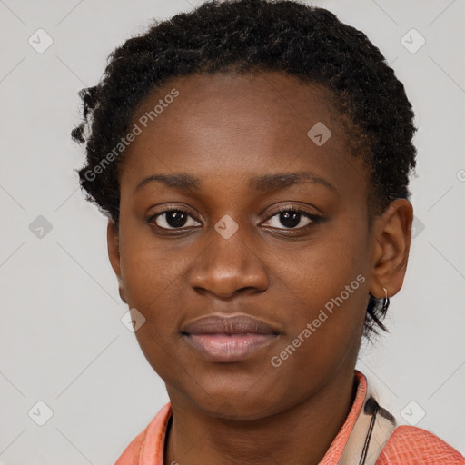 Neutral black young-adult female with short  brown hair and brown eyes