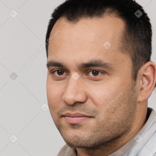 Joyful white young-adult male with short  brown hair and brown eyes