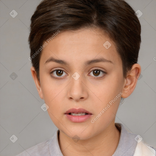 Neutral white young-adult female with short  brown hair and brown eyes