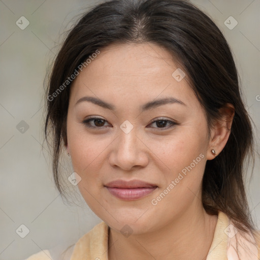 Joyful white young-adult female with medium  brown hair and brown eyes