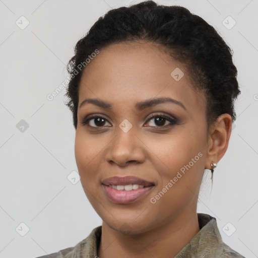 Joyful latino young-adult female with short  brown hair and brown eyes