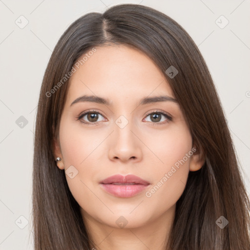 Neutral white young-adult female with long  brown hair and brown eyes