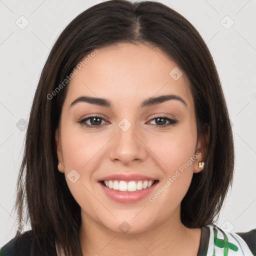 Joyful white young-adult female with long  brown hair and brown eyes