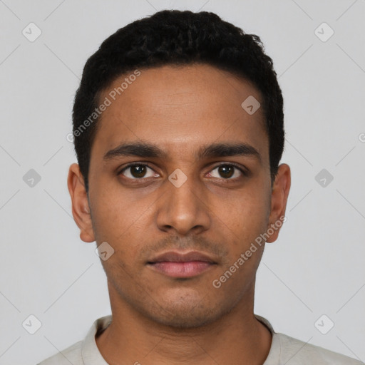 Neutral latino young-adult male with short  black hair and brown eyes