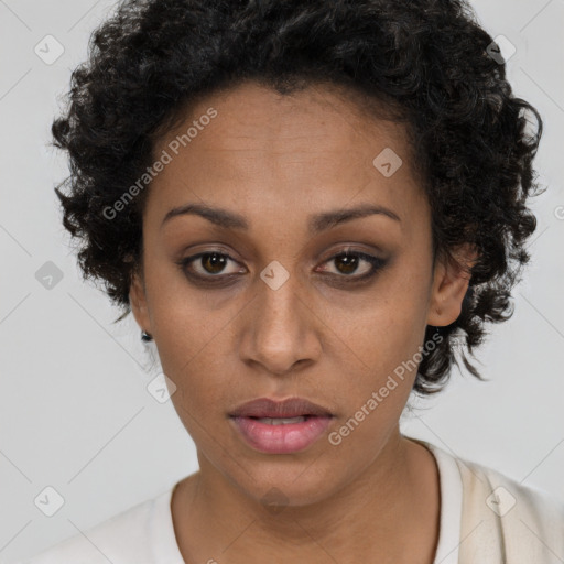 Neutral black young-adult female with short  brown hair and brown eyes