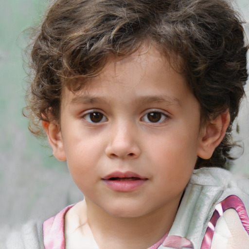 Joyful white child male with medium  brown hair and brown eyes