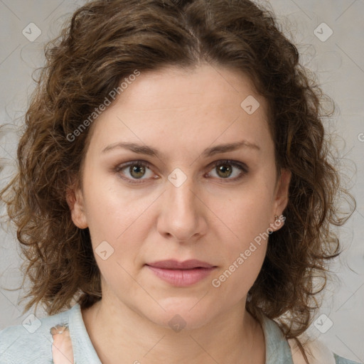 Joyful white young-adult female with medium  brown hair and green eyes