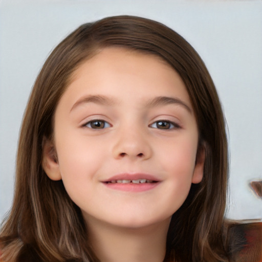 Joyful white child female with long  brown hair and brown eyes