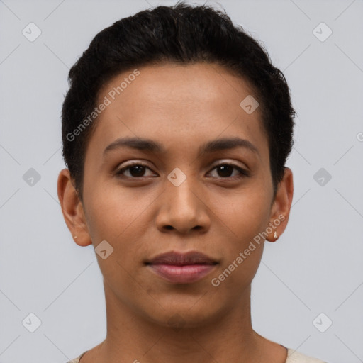 Joyful latino young-adult female with short  brown hair and brown eyes