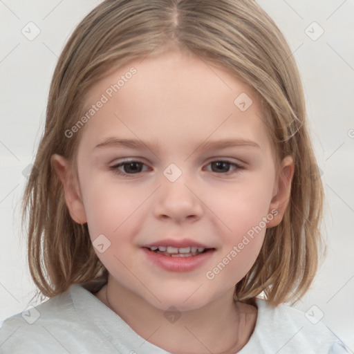 Joyful white child female with medium  brown hair and brown eyes