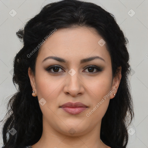 Joyful latino young-adult female with long  brown hair and brown eyes