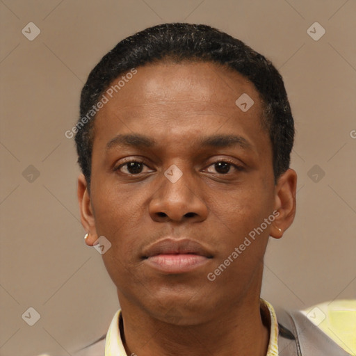 Neutral black young-adult male with short  black hair and brown eyes