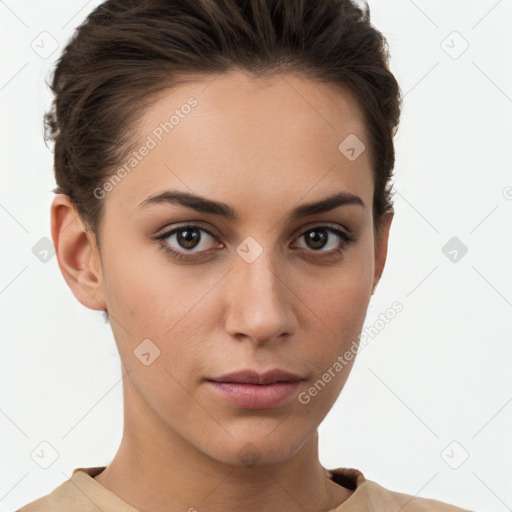 Neutral white young-adult female with short  brown hair and brown eyes