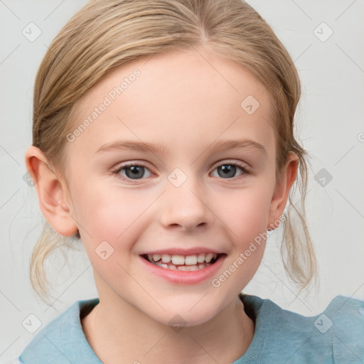 Joyful white child female with medium  brown hair and blue eyes