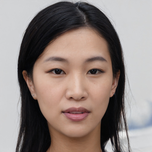 Neutral asian young-adult female with long  black hair and brown eyes