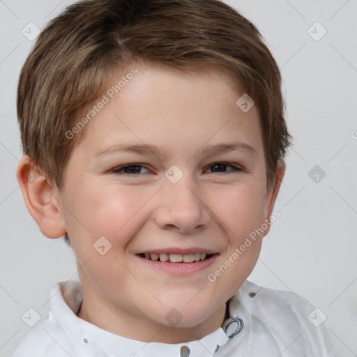 Joyful white child female with short  brown hair and brown eyes