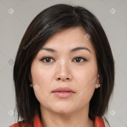 Neutral asian young-adult female with medium  brown hair and brown eyes