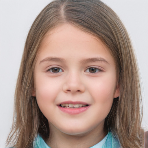 Joyful white child female with medium  brown hair and brown eyes