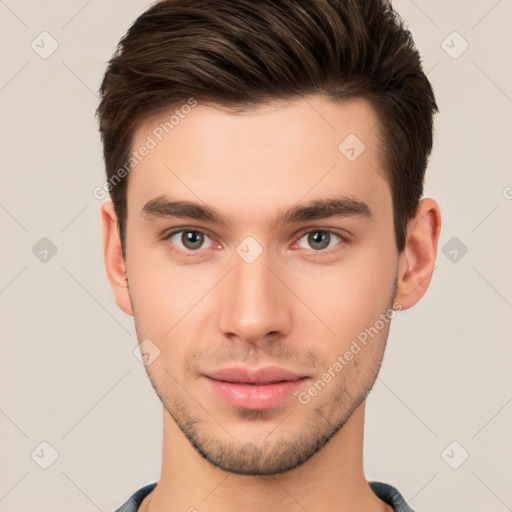 Neutral white young-adult male with short  brown hair and brown eyes