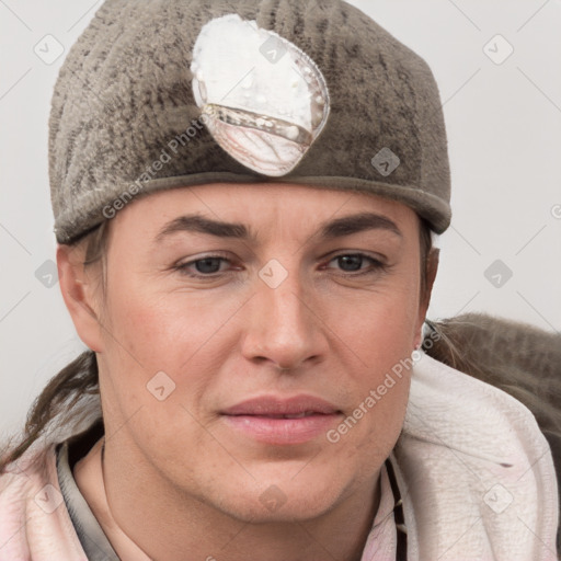 Joyful white adult female with short  brown hair and grey eyes