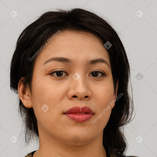 Joyful asian young-adult female with medium  brown hair and brown eyes