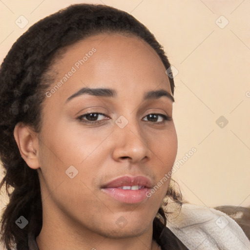 Neutral white young-adult female with long  brown hair and brown eyes