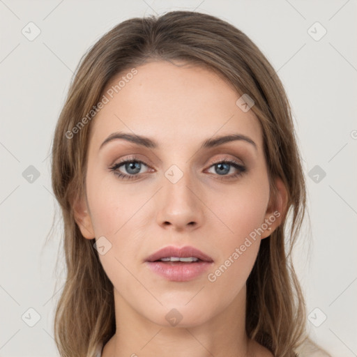 Neutral white young-adult female with long  brown hair and grey eyes