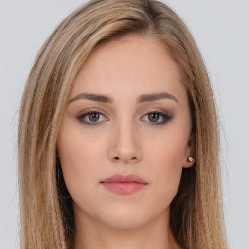 Neutral white young-adult female with long  brown hair and brown eyes