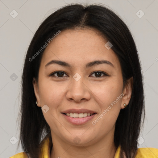 Joyful asian young-adult female with medium  brown hair and brown eyes