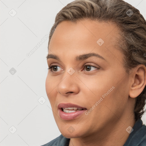 Joyful white young-adult female with short  brown hair and brown eyes