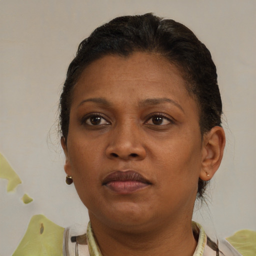 Neutral black young-adult female with short  brown hair and brown eyes