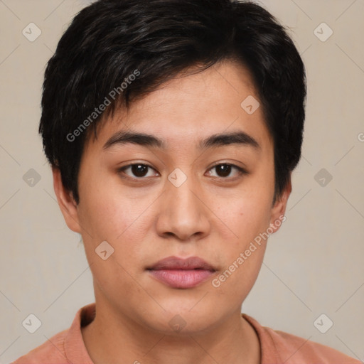 Neutral white young-adult female with short  brown hair and brown eyes