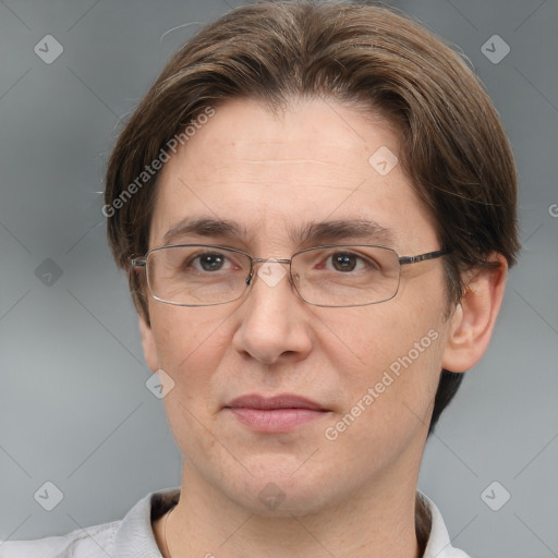 Joyful white adult female with short  brown hair and grey eyes