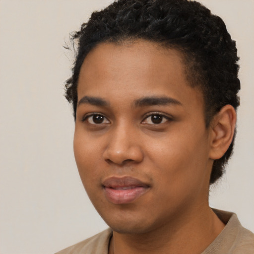 Neutral black young-adult female with short  black hair and brown eyes