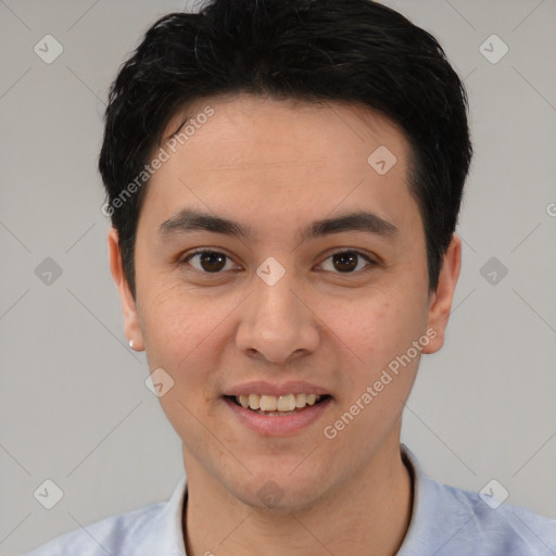 Joyful white young-adult male with short  black hair and brown eyes