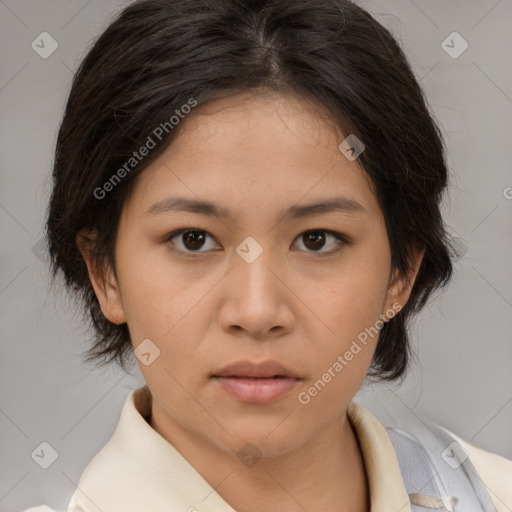 Neutral asian young-adult female with medium  brown hair and brown eyes