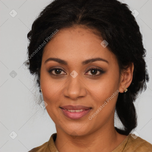 Joyful latino young-adult female with medium  black hair and brown eyes