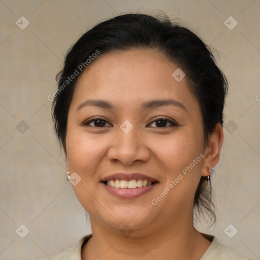 Joyful asian young-adult female with short  brown hair and brown eyes