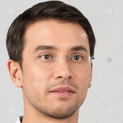 Neutral white young-adult male with short  brown hair and brown eyes