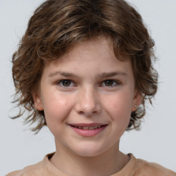 Joyful white child female with medium  brown hair and grey eyes