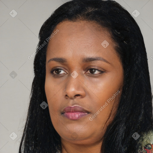 Joyful black young-adult female with long  black hair and brown eyes