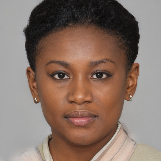 Neutral black young-adult female with short  brown hair and brown eyes