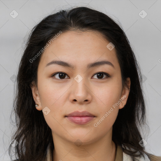 Neutral asian young-adult female with medium  brown hair and brown eyes