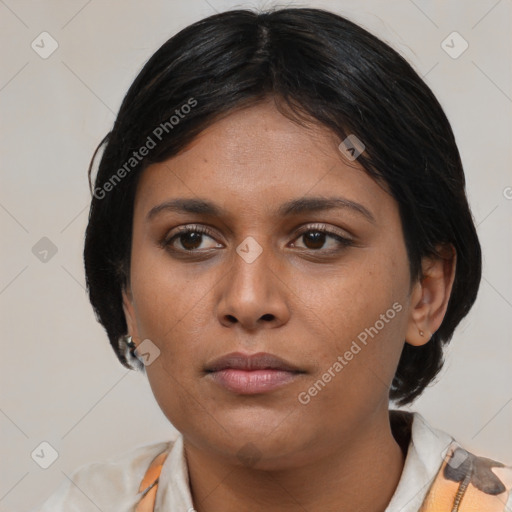 Neutral asian young-adult female with medium  brown hair and brown eyes