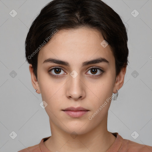 Neutral white young-adult female with short  brown hair and brown eyes