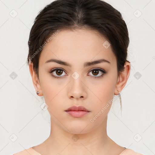 Neutral white young-adult female with medium  brown hair and brown eyes