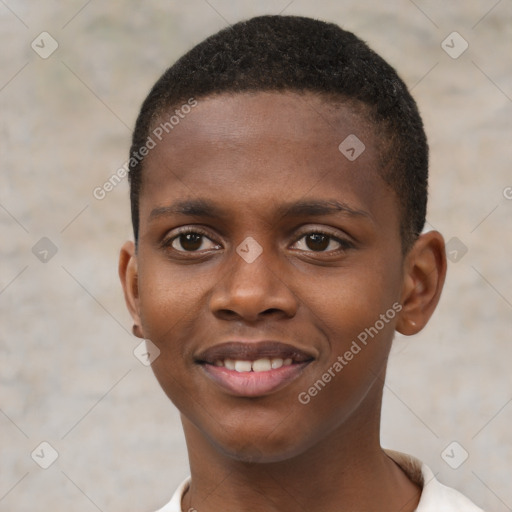 Joyful black young-adult male with short  brown hair and brown eyes