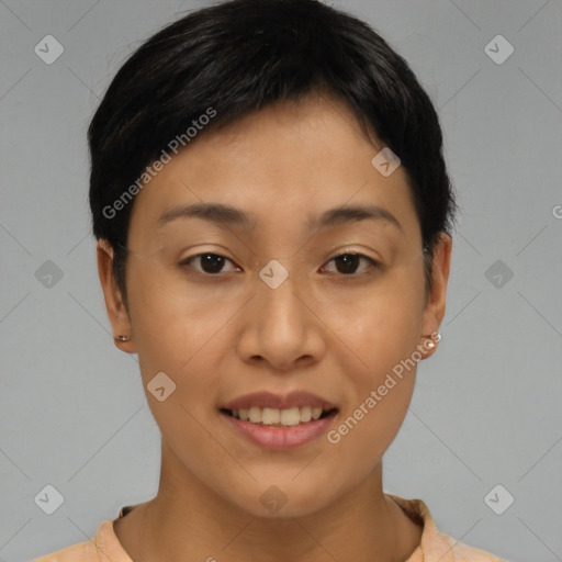 Joyful asian young-adult female with short  brown hair and brown eyes